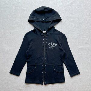 Vintage 90s Women's CBGB & OMFUG Studded Black Zip Up Hoodie Jacket Medium